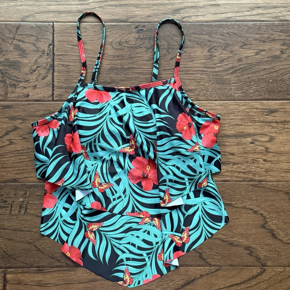 Tankini Top Tropical Hibiscus Butterfly‎ Tiered Poolside Size Teen 13-14Y